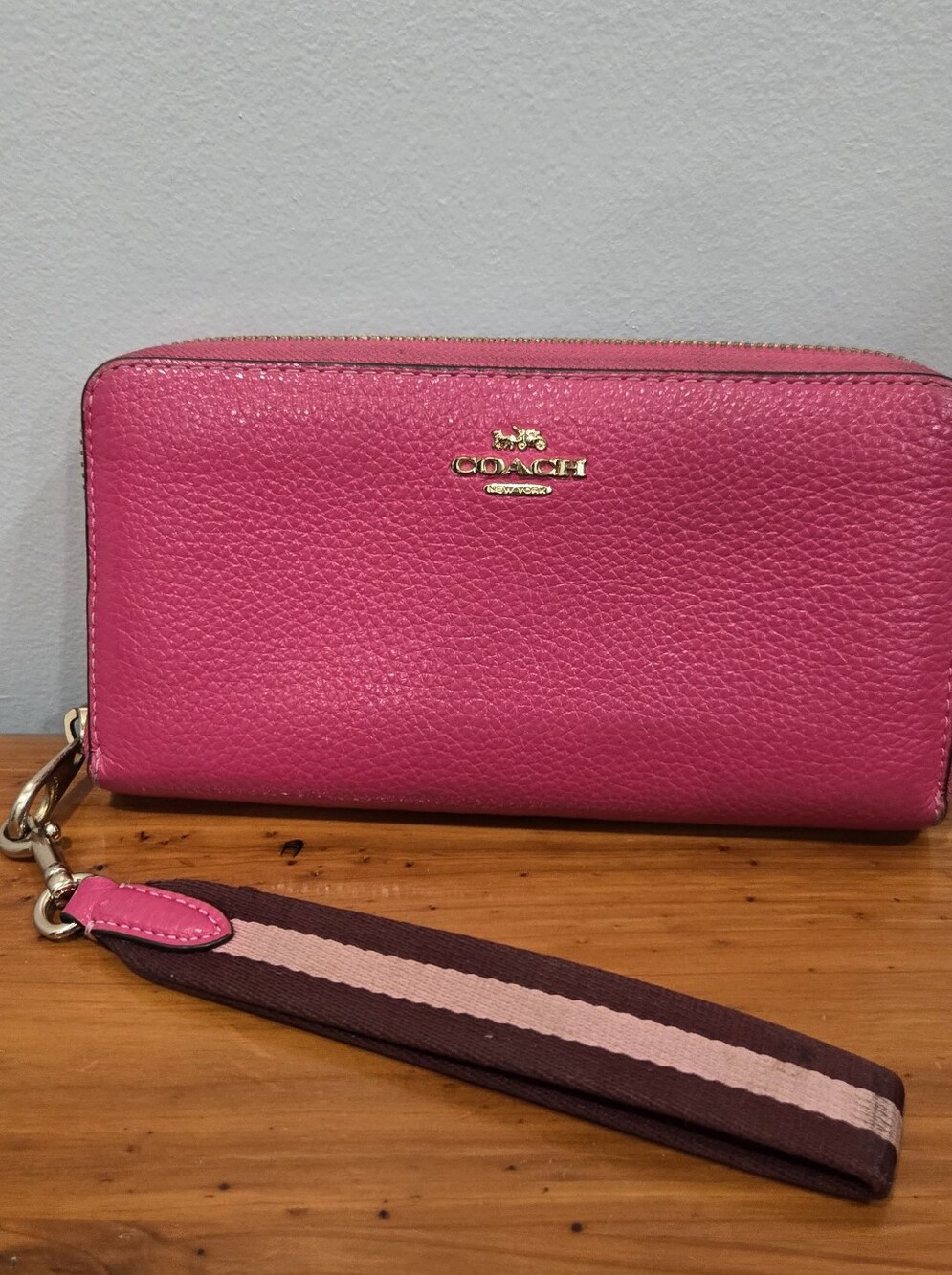 Coach Long Zip Around Wallet in Pink Pebbled Leather with Stripe Wristlet